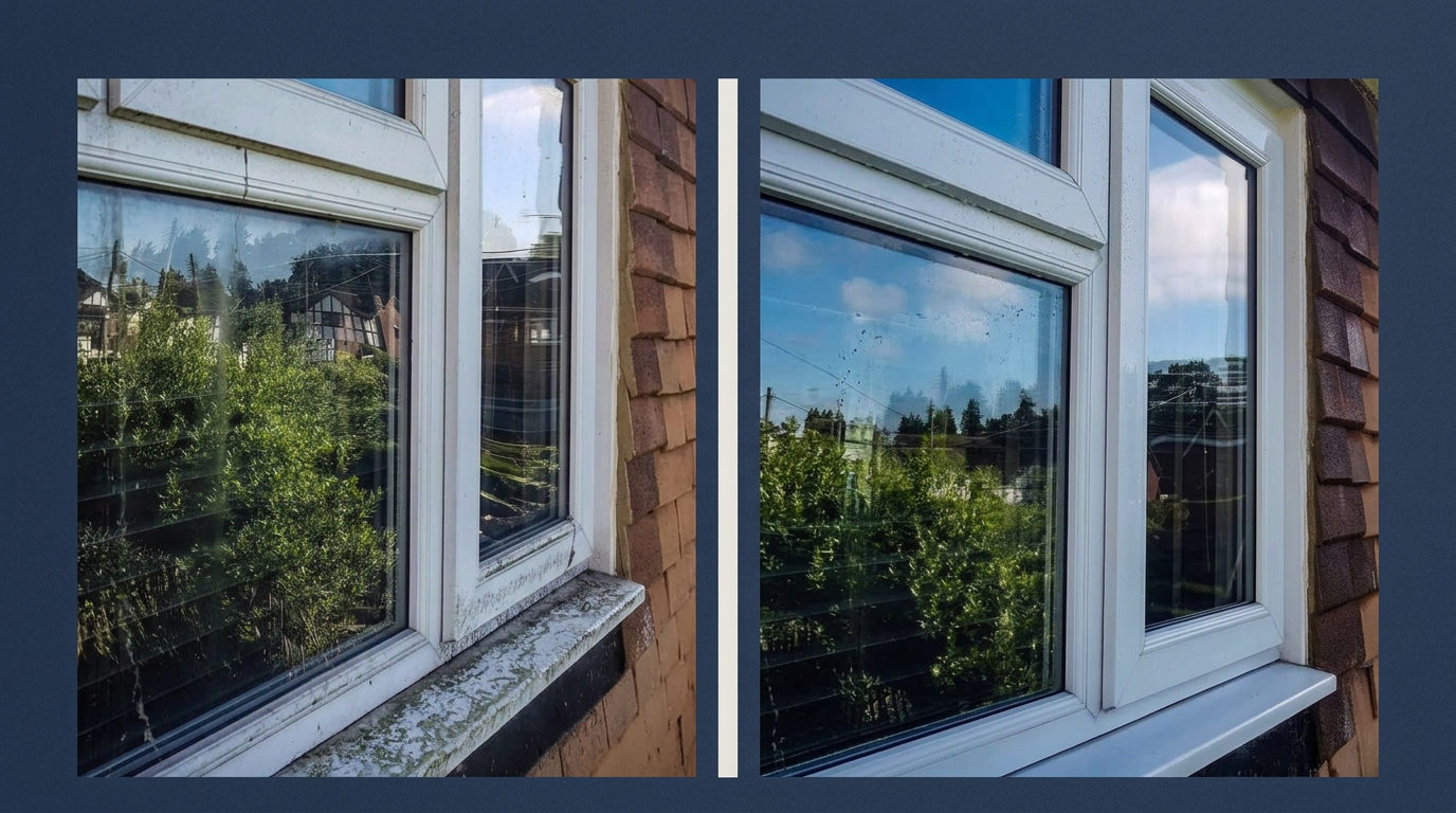 Before and after: moss-covered window sill and frames restored to spotless white by Transparency Cleaning Services